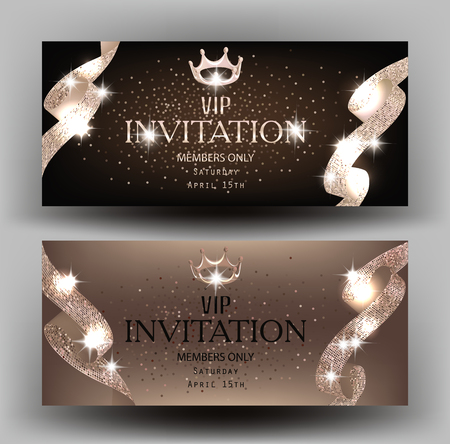VIP invitation beige cards with sparkling textured ribbons. Vector illustrationのイラスト素材