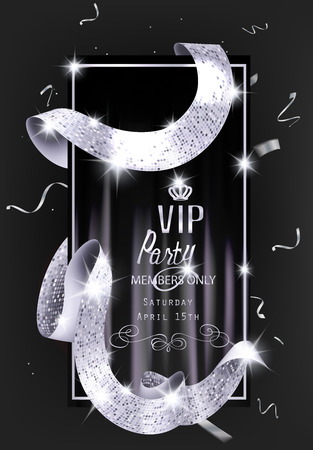 VIP invitation card with silver shiny sparkling curly ribbon. Vector illustrationのイラスト素材