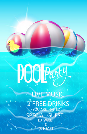 Pool party poster with inflatable balls. Vector illustrationのイラスト素材