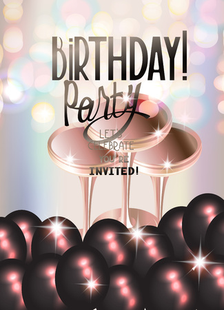 Birthday party banner with black air balloons and glasses of champagne. Vector illustration. Beigeのイラスト素材