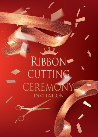 Ribbon cutting ceremony invitation card with sparkling gold curly cut elegant ribbon and gold confetti. Vector illustrationのイラスト素材
