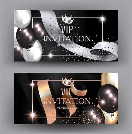 Vip banners with air balloons and ribbons. Vector illustrationのイラスト素材