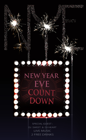 New year eve invitation card with retro frame with light bulbs and sparklers. Vector illustrationのイラスト素材