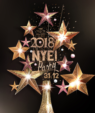 New year eve party greeting card with sparkling stars and a bottle of champagne arranged in shape of a christmas tree. Vector illustrationのイラスト素材