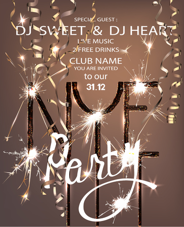 New year eve party invitation card with sparklers and serpentine. Vector illustrationのイラスト素材