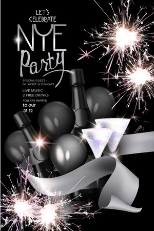 New year eve party invitation card with sparklers, bottle of champagne, ribbon and glasses. Vector illustrationのイラスト素材