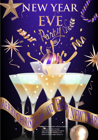 New year eve banner with glasses with cocktail and christmas decorations. Vector illustrationのイラスト素材