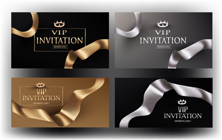 Set of gold and silver invitation cards with curly ribbons. Vector illustrationのイラスト素材
