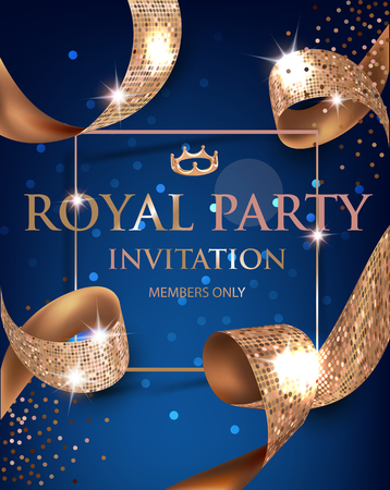 Elegant blue vip invitation card with gold textured curled gold ribbons. Vector illustrationのイラスト素材