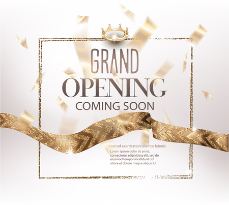 Grand opening invitation banner with gold ribbons with pattern and confetti. Vector illustrationのイラスト素材