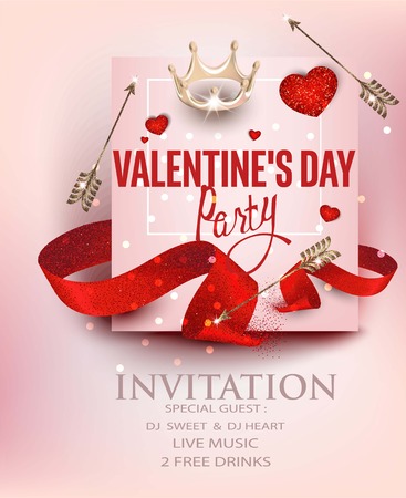 Valentines Day party banner with hearts, ribbons and arrows. Vector illustrationのイラスト素材