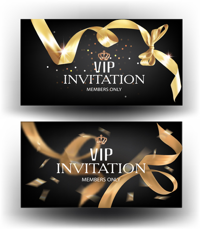 Vip invitation banners with curly gold ribbon. Vector illustrationのイラスト素材