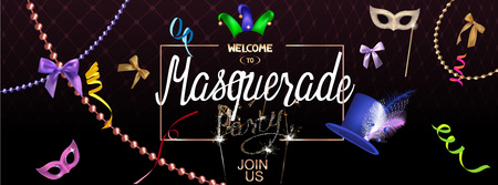 Masquerade party invitation banner with masquerade specific deco object. Vector illustrationのイラスト素材