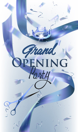 Grand opening elegand invitation card with flying confetti and silk ribbons, scissors and crown. Vector illustrationのイラスト素材