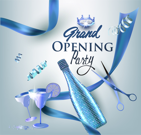 Grand opening invitation banner with blue objects. Vector illustrationのイラスト素材