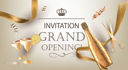 Grand opening invitation banner with golden objects. Vector illustrationのイラスト素材