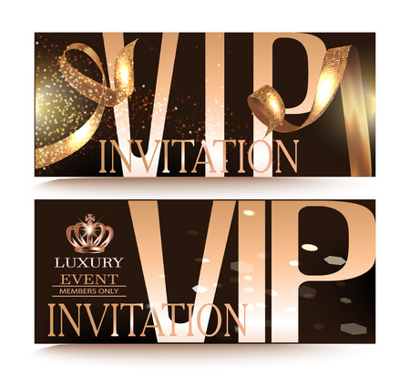 VIP Party banners with gold design elements and ribbon. Vector illustrationのイラスト素材