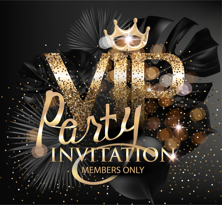 VIP party elegant banner with tropical leaves, golden dust and crown. Vector illustrationのイラスト素材