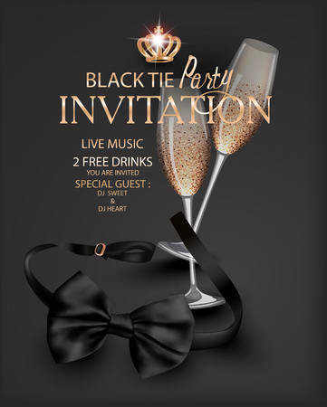 Black tie party with the black bow tie and glasses of champagne. Vector illustrationのイラスト素材