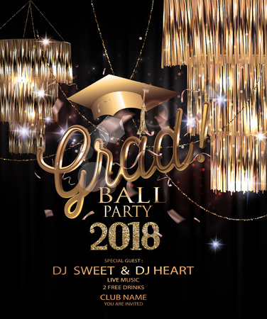 Graduation party 2018 invitation card with sparkling hanging lamps, confetti and garlands. Vector illustrationのイラスト素材