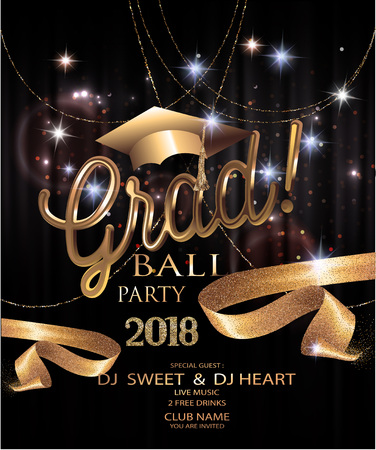 Graduation party invitation card with golden sparkling, ribbons, confetti and garlands. Vector illustrationのイラスト素材