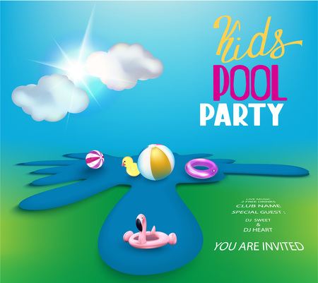 Kids pool party with cartoon puddle, inflatable toys, clouds and sun. Vector illustrationのイラスト素材