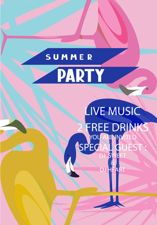 Party banner with silhouettes of flamingos and tropical leaves. Vector illustrationのイラスト素材