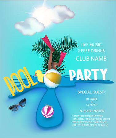 Pool party poster with inflatable toys in a puddle, clouds and sun. Vector illustrationのイラスト素材