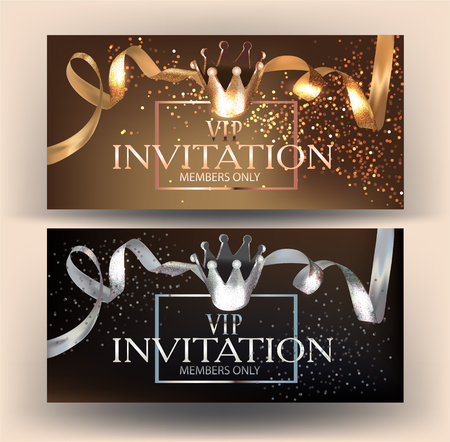 VIP invitation cards with gold and silver ribbons and crowns. Vector illustrationのイラスト素材