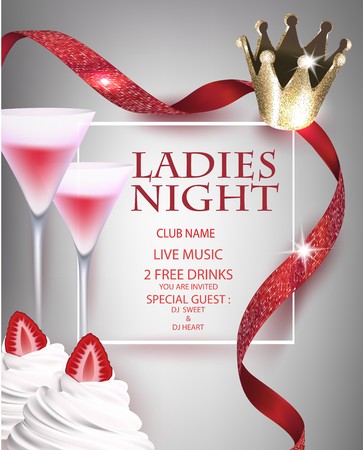 Ladies night party invitation card with princess crown, ribbons, glasses, strawberry in a cream. Vector illustrationのイラスト素材