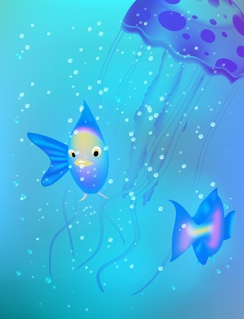 Sea background with fishes and jellyfish in a sea water. Vector illustrationのイラスト素材