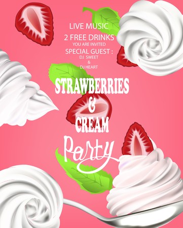 STRAWBERRIES & CREAM PARTY BANNER. VECTOR ILLUSTRATIONのイラスト素材