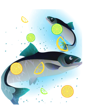 Seafood restaurant background with fishes in a water and lemon slices. Vector illustrationのイラスト素材