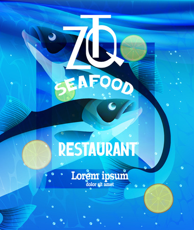 Seafood restaurant banner with fishes in a water. Vector illustrationのイラスト素材