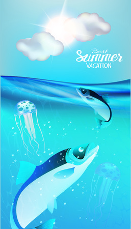 Summer banner with sea water with fishes and jellyfishes inside and clouds and sun. Vector illustrationのイラスト素材