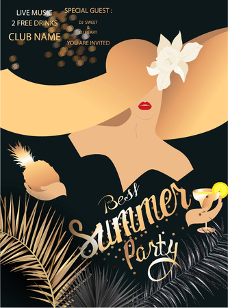 Best summer party elegant banner with tropical leaves, golden dust and girl in a huge summer hat. Vector illustrationのイラスト素材