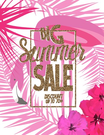 Big summer sale with golden letters, pink flamingo and tropical leaves. Vector illustrationのイラスト素材