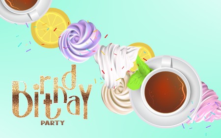 Birthday party background with cream cakes, lemon slices and cups of tea. Vector illustrationのイラスト素材