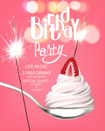 Birthday party background with strawberry with cream on the spoon and sparklers. Vector illustrationのイラスト素材