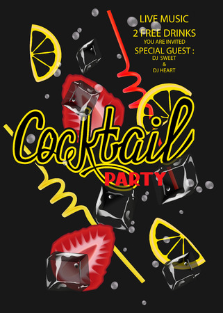Cocktail party with cocktail objects and strawberry on the black background. Vector illustrationのイラスト素材