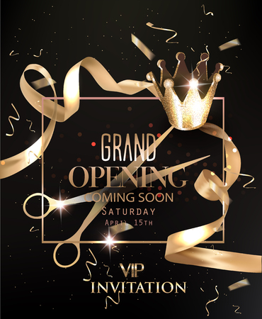 Grand opening Vip invitation card with crown and golden ribbons. Vector illustrationのイラスト素材