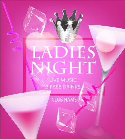 Ladies night cocktail party invitation pink card with glasses of champagne, cocktail straws and ice cubes and crown. Vector illustrationのイラスト素材