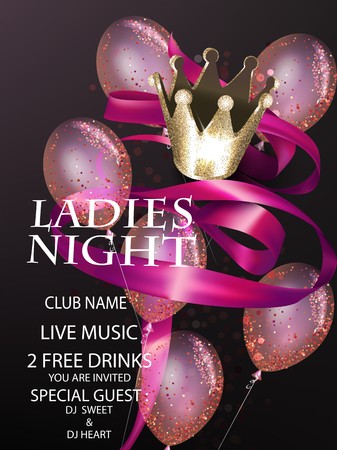 Ladies night invitation card with curly pink ribbon, air balloons and beautiful crown. Vector illustrationのイラスト素材