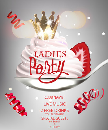 Ladies night party invitation card with princess crown in a cream and strawberry. Vector illustrationのイラスト素材