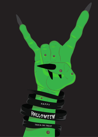 Halloween poster with green witch hand raised in a rock gesture. Vector illustrationのイラスト素材