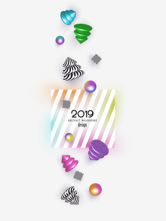 New year 2019 abstract background with falling colorful and striped christmas design elements. Vector illustrationのイラスト素材
