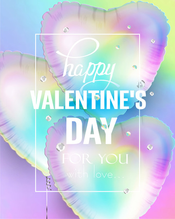 Holographic heart shaped air balloons and sequins. Vector illustrationのイラスト素材