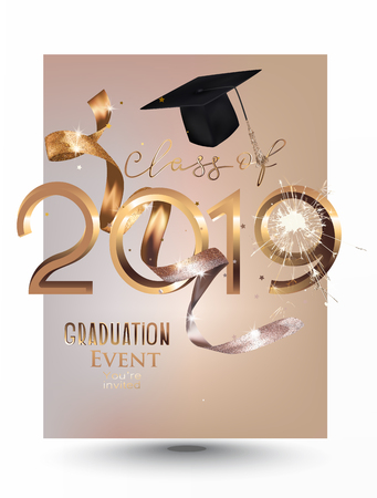 Graduation party 2019 invitation card with gold ribbon and sparks. Vector illustrationのイラスト素材