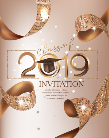 Graduation party class 2019 beige card with golden ribbons. Vector illustrationのイラスト素材