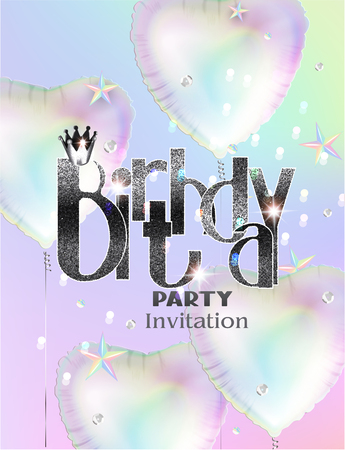 Birthday balloons with holographic color heart shaped air balloons and squinses. Vector illustrationのイラスト素材